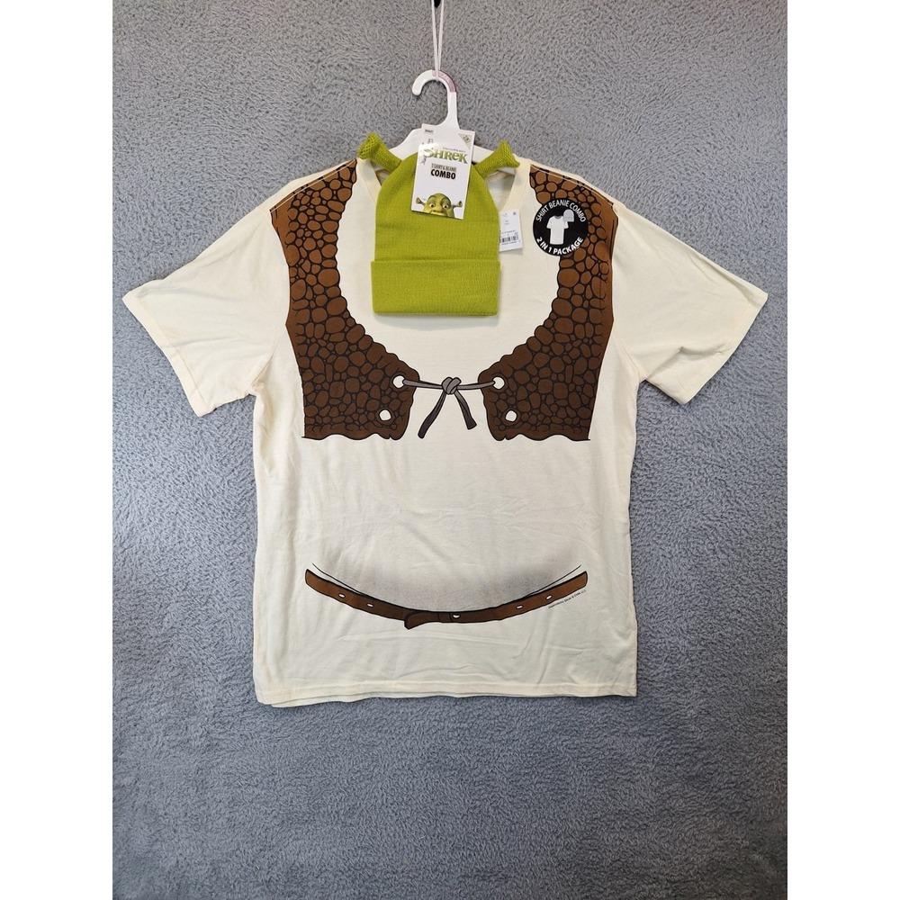 DreamWorks Shrek Cosplay T Shirt & Beanie Combo Mens 2XL Cream Halloween Graphic